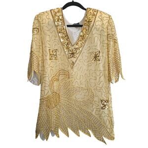 Vintage Tan Chho silk beaded Sequin formal top yellow V Neck